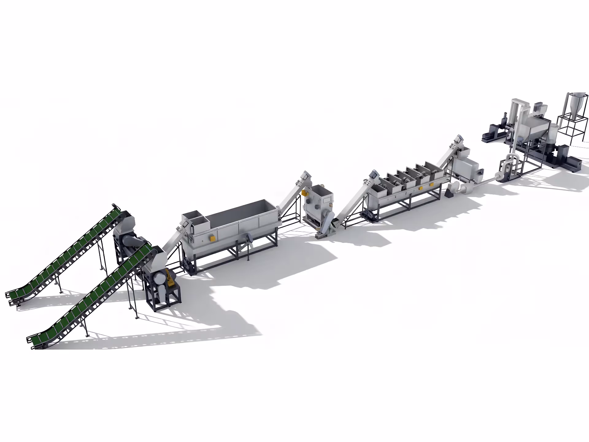 A complete plastic recycling line from Rumtoo Machinery, showcasing its modular design.